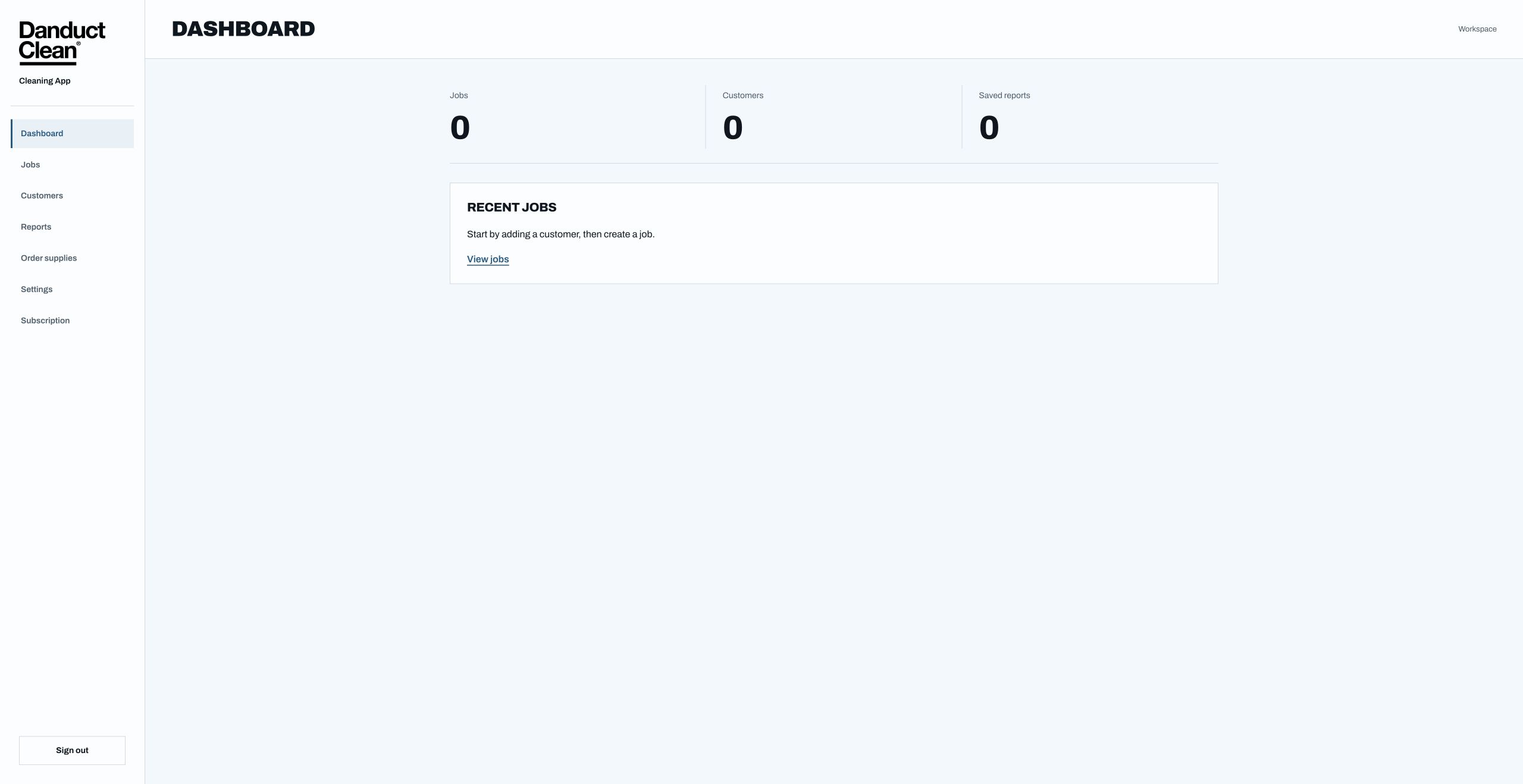 The current Danduct Cleaning App with navigation for jobs, customers, reports and settings